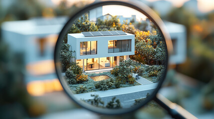 This setting showcases a contemporary house with solar panels, nestled in lush gardens as daylight fades