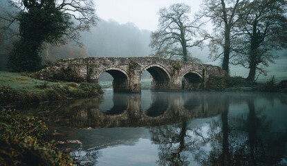 Fototapeta premium Misty morning scene of an old stone bridge over a tranquil river