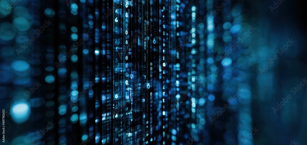 Poster the digital code stream in blue futuristic matrix style data visualization background