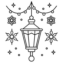 Whimsical Line Art Illustration of a Hanging Lantern with Flowers Stars and Decorative Garland Perfect for Coloring Books