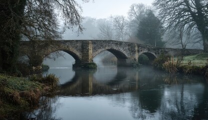 Fototapeta premium Misty stone bridge over a tranquil river