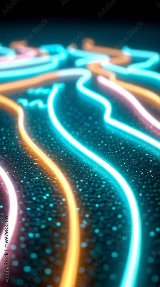 Poster illuminating neon cables: abstract lines of vibrant neon light weave across a dark backdrop, creatin