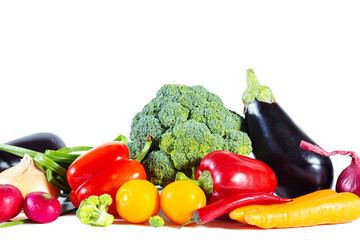 Fresh shiny multicolored vegetables isolated on white background.
