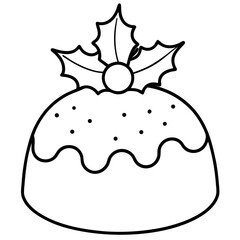 Festive Christmas Pudding Outline with Holly Decoration Perfect for Coloring Books and Holiday Designs
