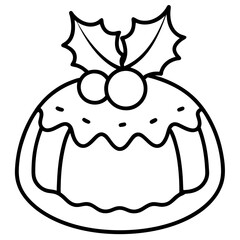 Festive Christmas Pudding Outline with Holly Berries and Leaves Ready to be Colored