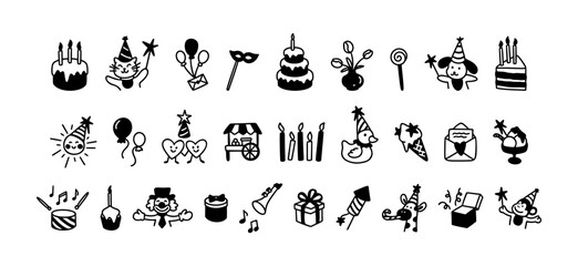 Happy Birthday cute line doodle icons. Childish whimsical crayon scribbles. Funny clown, dog, car, giraffe, monkey and other characters. Celebration invitation and greeting card design elements