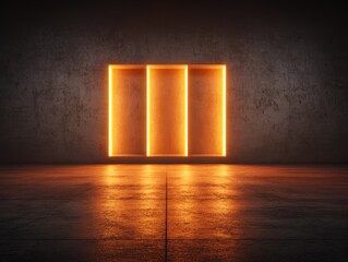 Modern minimalist three-door neon light installation glowing on a dark concrete wall creative backlit art design interior decoration