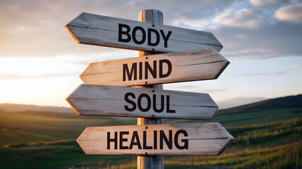 Wooden signpost with body mind soul and healing words symbolizing wellness spirituality mindfulness and personal growth in nature