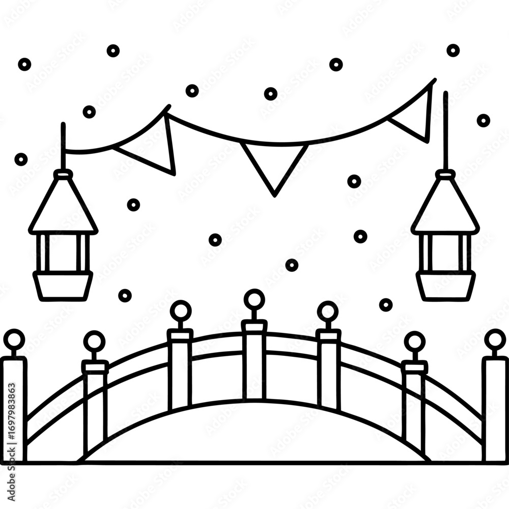 Aufkleber minimalist bridge with lanterns and party flags illustration for backgrounds and decorative purposes