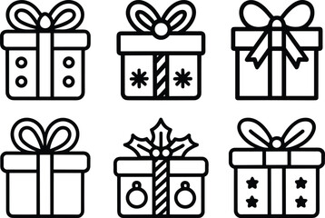 Christmas Line Art Vector Set of Gift Boxes with Ribbons and Decorative Patterns