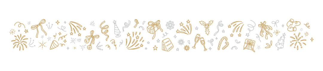 Happy New Year and Merry Christmas golden horizontal banner design. Doodle kids festive background. Holiday celebration firework, firecracker, sparkler. Golden winter decoration