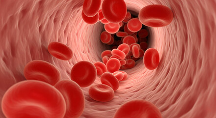 Fototapeta premium Vibrant Illustration Of Red Blood Cells Flowing Inside A Vein With Detailed Textures, Dynamic Motion, Full-Frame Coverage And Rich Red Color