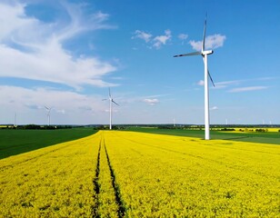 Panoramic view of wind turbines over a vibrant rapeseed field