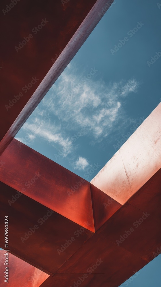 Poster abstract view of geometric lines and sky with clouds framed by red architectural structures from bel