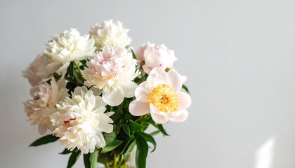 Delicate bouquet of pale pink and white peonies