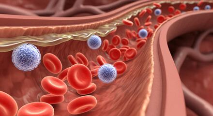 Illustration Of Red And White Blood Cells Flowing Through A Human Vein With Vibrant Flat Colors, Clean Lines, Smooth Shading And Educational Style