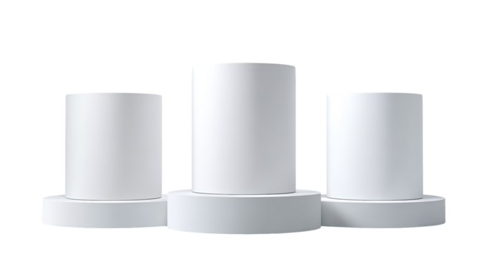 Three white cylindrical podiums,?stacked in a row
