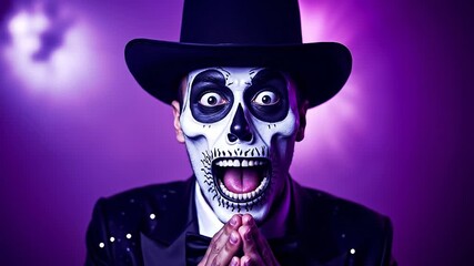 A man in a top hat with a skeleton face painted on his face