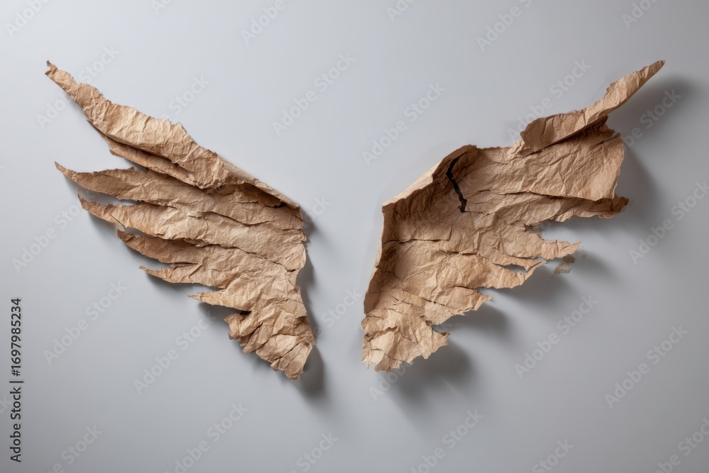 Poster artistic representation of crumpled paper wings on a neutral background for conceptual expression an