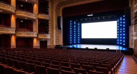 Naklejka premium Empty theater auditorium with a large blank stage screen
