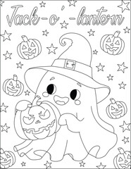 Cute Ghost With Pumpkin Halloween Coloring Page Jack-O-Lantern Outline Vector