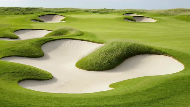 A golf course with sand traps striped green and a distant yellow flag on the green