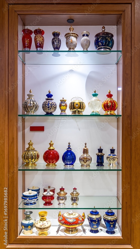 Aufkleber a beautifully arranged display case showcasing an array of vibrant vases in various shapes and sizes