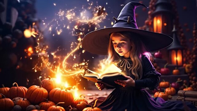 A little girl in a witches hat reading a book in a pumpkin patch