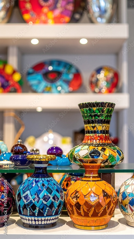 Aufkleber a vibrant array of intricately designed glass vases in various shapes and sizes, elegantly arranged 