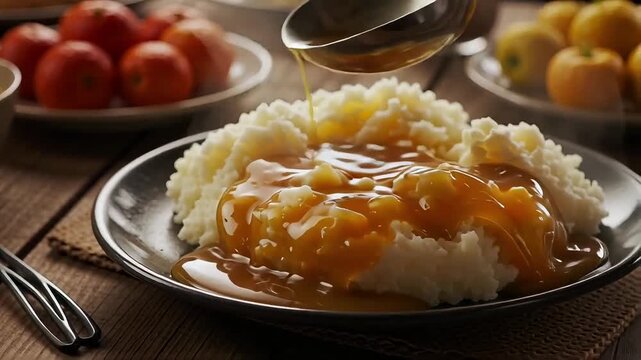Warm, savory gravy generously poured over fluffy mashed potatoes, creating a comforting and delicious meal.