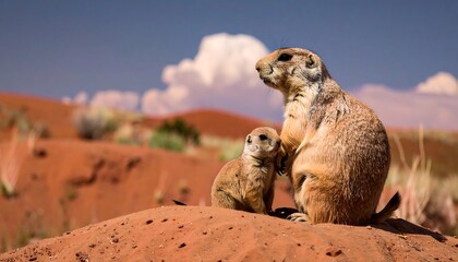 Prairie dog mother and pup in desert landscape