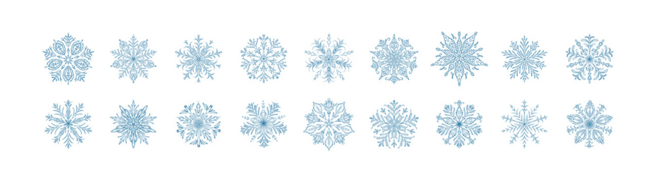 Set of blue snow flake icons. Winter frozen ice crystal and snowflakes design elements. Merry Christmas and Happy New Year whimsical hand drawn clipart. Festive pattern ornament
