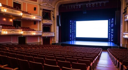 Empty theater auditorium with a stage and large screen