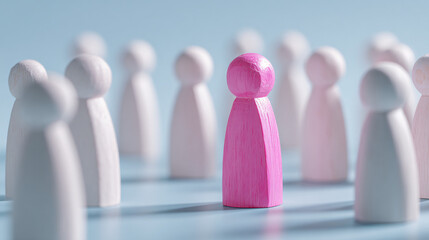 a pink wooden figure stands out from the crowd of white figures on a light blue background