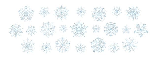 Set of detailed whimsical hand drawn different blue and silver snow flakes in victorian style. Aesthetic winter fancy snow flake icons, frozen ice crystals, frosty symbols. Doodle vector illustration