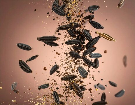 Close-up shot of flying black cumin seeds in a dynamic explosion, surrounded by black cumin flakes