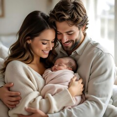 Cherished Embrace: A serene scene of parenthood unfolds, as a loving mother and father tenderly cradle their newborn baby, capturing the essence of family bond and new beginnings.
