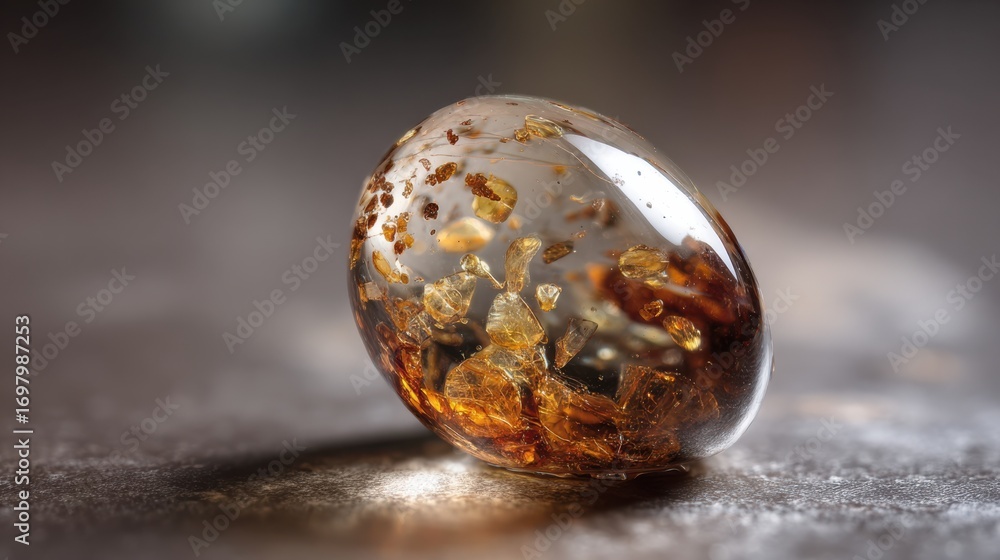 Poster Captivating Clear Resin Sphere with Amber Inclusions and Intricate Details Under Soft Light on a Textured Surface