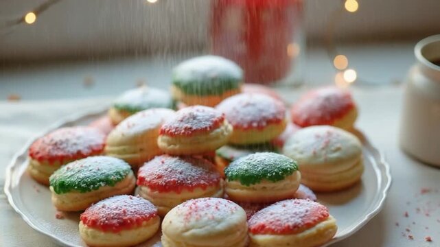 Sweet madeleine sponge cookies covered with colored chocolate in a Christmas style