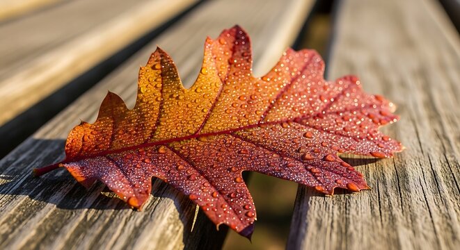 Closeup of a colorful autumn oak leaf covered in water droplets on a bench
