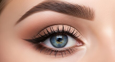 Obraz premium A high-detail, professional close-up photograph of a female eye with perfectly blended nude eyeshadow
