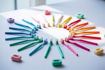 Vibrant collection of colorful toothbrushes arranged in a playful circle on a clean white surface, suggesting dental care and hygiene