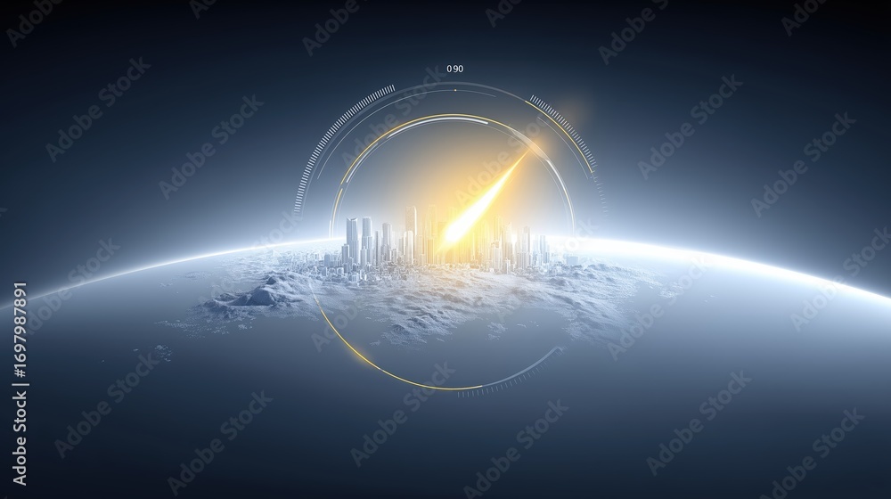 Poster futuristic city skyline illuminated by a bright comet, showcasing advanced architecture and technolo