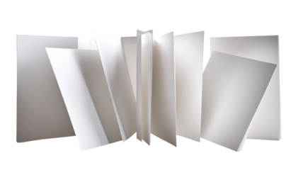 Abstract composition of many white sheets of paper, angled and layered, creating a dynamic, three-dimensional form