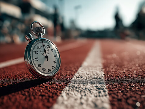 Chrome stopwatch on a running track suitable for sports and fitness themes, time management concepts, race events, and training illustrations.