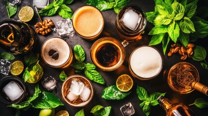 Overhead View of Cocktails, Mint, Limes, Ice, and Coffee Beans on Dark Surface
