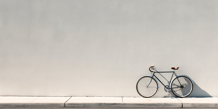 Dark bicycle with brown seat and handlebars against a wall. Perfect for cycling or travel related designs, vintage aesthetics, urban themes.