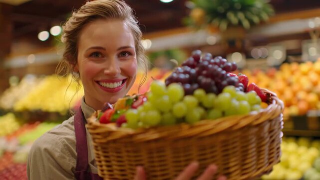 Woman holding a fresh fruit basket with fruit conner shelf in supermarket, suggests that nutritional high vitamin food.