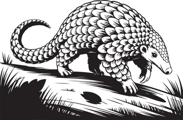 Pangolin Wildlife Illustration, Engraving Style Line Art, Vector Design for Stock, High Contrast Black and White, Minimal Background, Realistic Pangolin Drawing