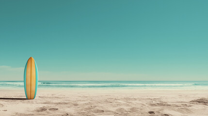 Surfboard on sandy beach, blue sky. Suitable for travel, vacation, beach, leisure, surfing, summer themed designs, social media, or advertising.